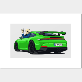 car 911 GT3 with skull man hands metal green light Posters and Art